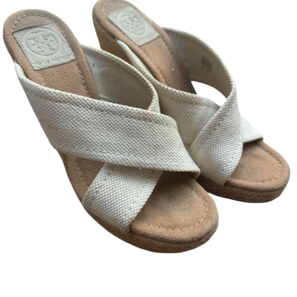 TORY BURCH Kristen Wedge Sandals Women 8 Espadrille Slip On Heels Gold Logo
